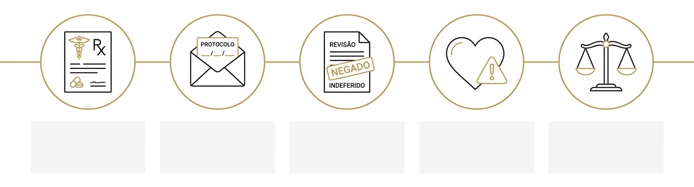 Linha do tempo com cinco marcos em círculos dourados, ligados por uma linha dourada: receita médica, envelope de protocolo, carta da operadora com o carimbo de negado, coração com sinal de alerta e balança da justiça.